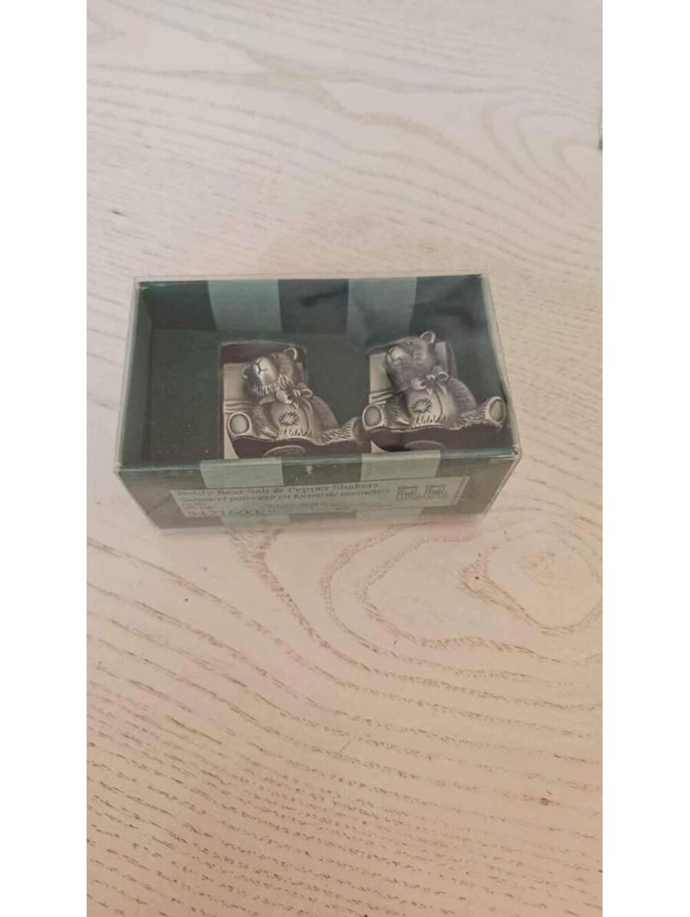 Teddy Bear Salt and Pepper Shakers Pewter Tone Gift Set in Box Cute Decor